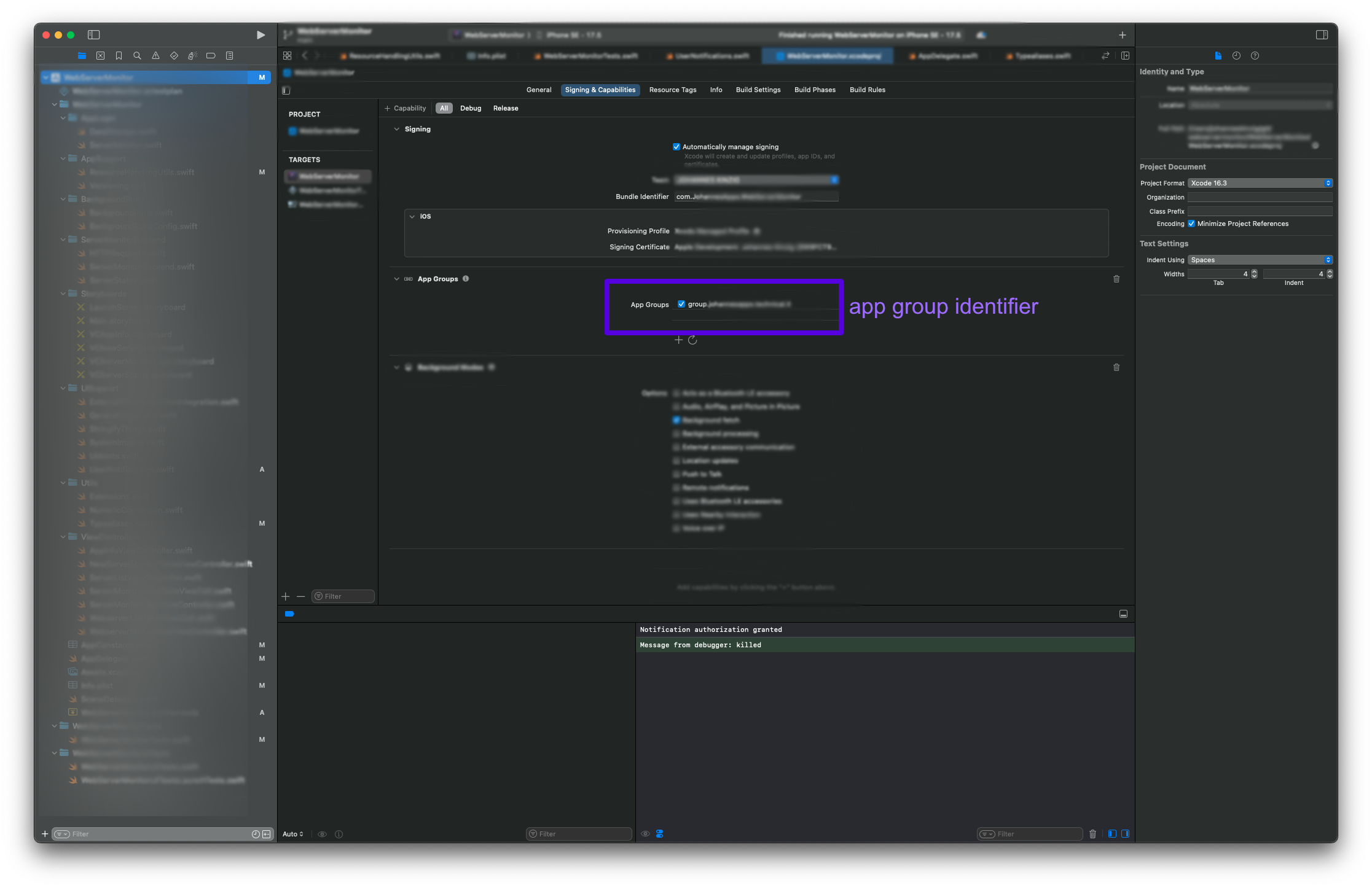 Xcode showing a project with the app group and bundle identifier being set