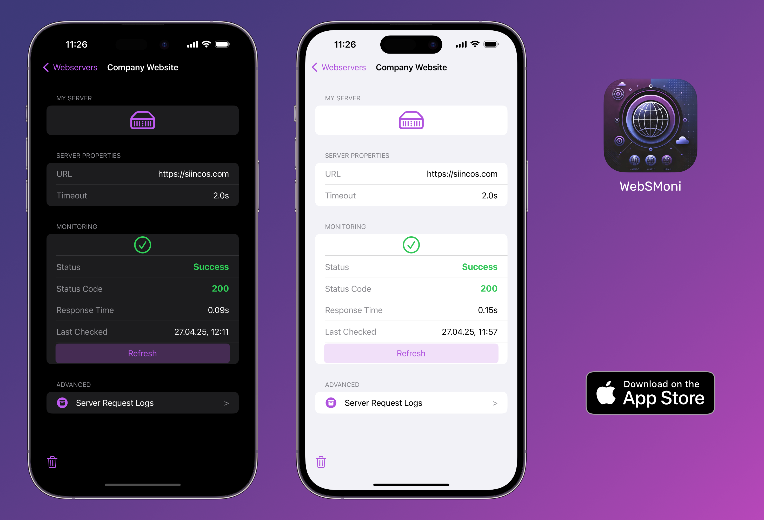 WebSMoni - Webserver Monitoring App shown on an iPhone 14 - App developed by Johannes Kinzig