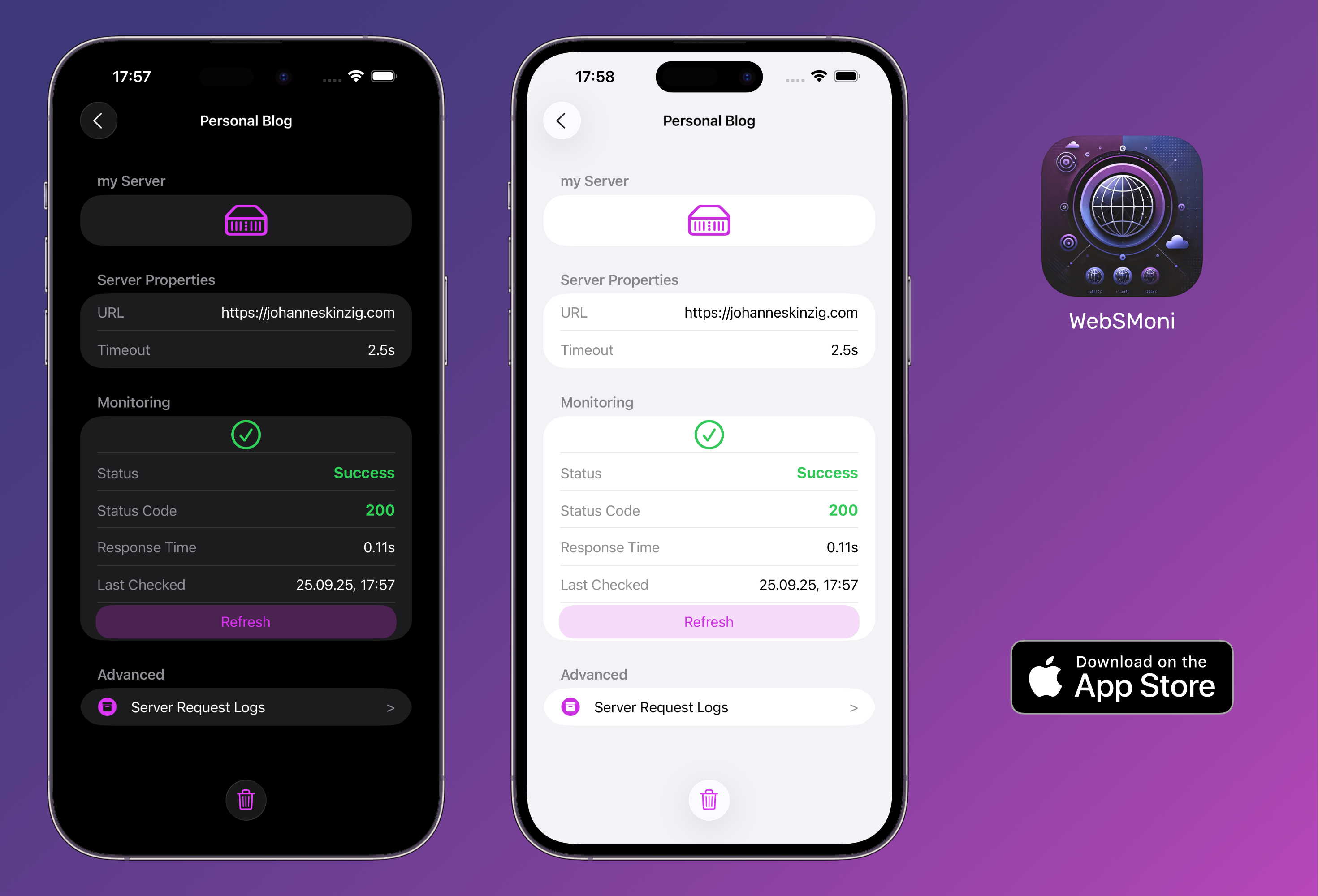 WebSMoni - Webserver Monitoring App shown on an iPhone 14 - App developed by Johannes Kinzig