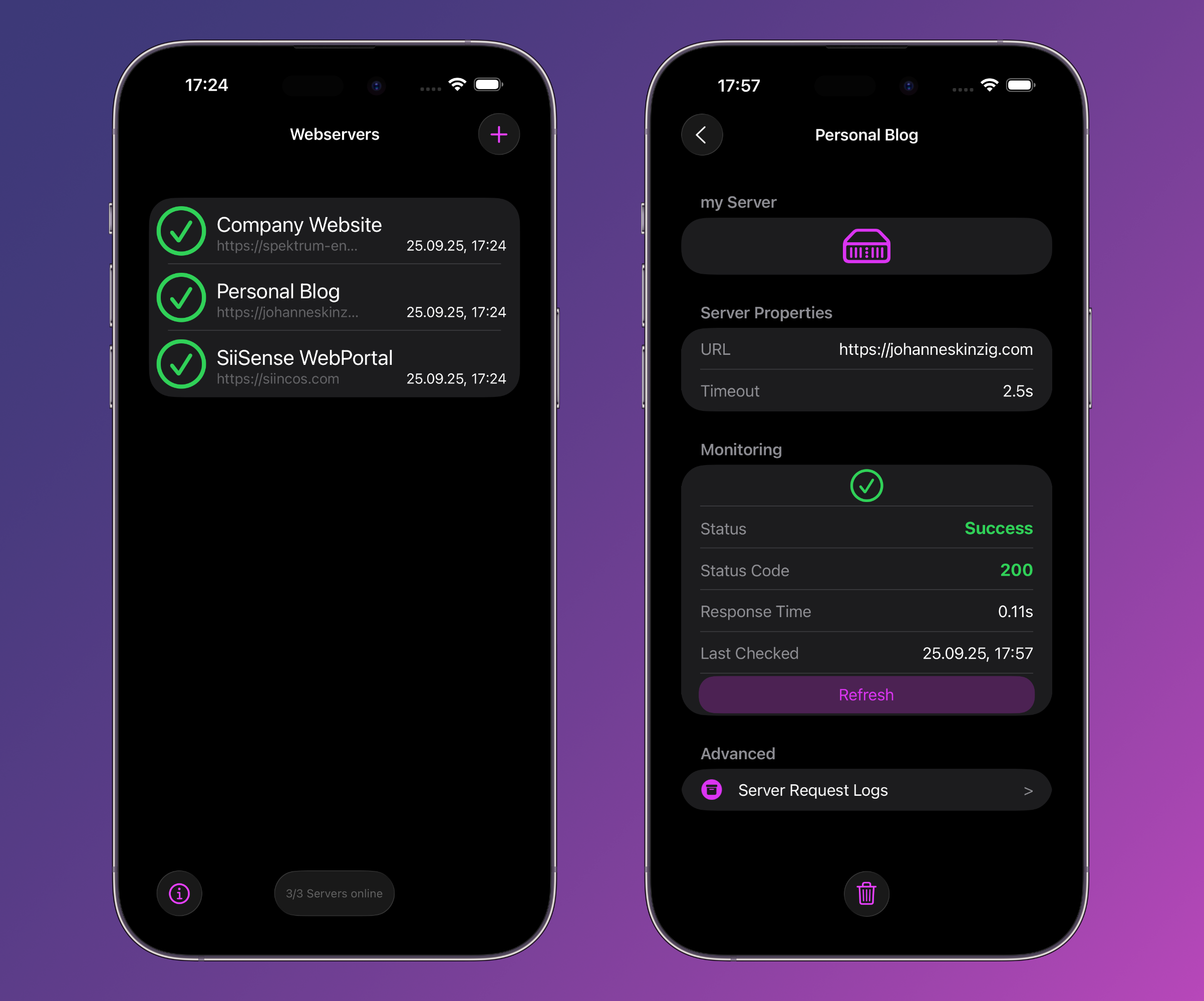 Web server list and web server monitoring details view shown in dark mode on an iPhone 14