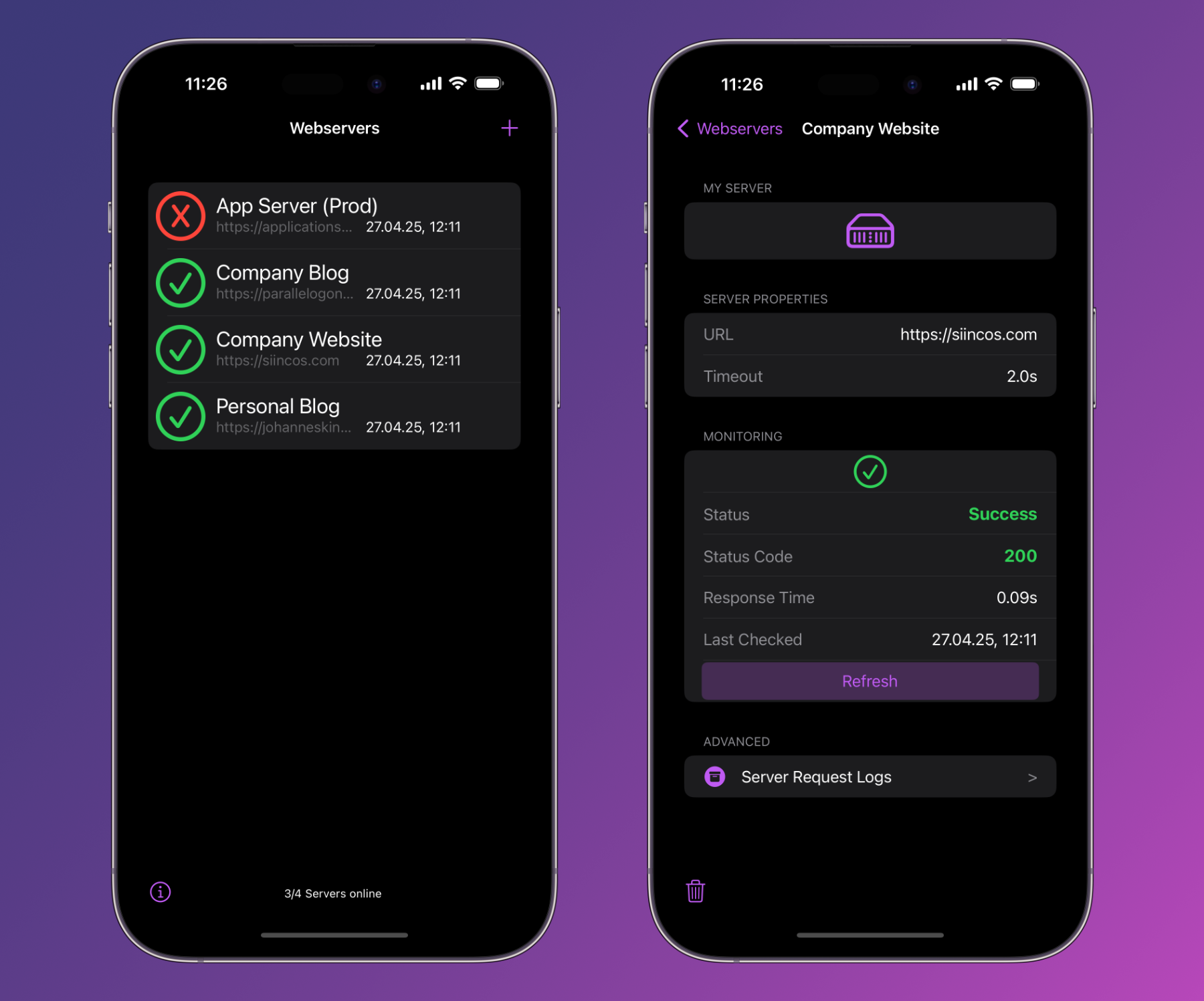 Web server list and web server monitoring details view shown in dark mode on an iPhone 14