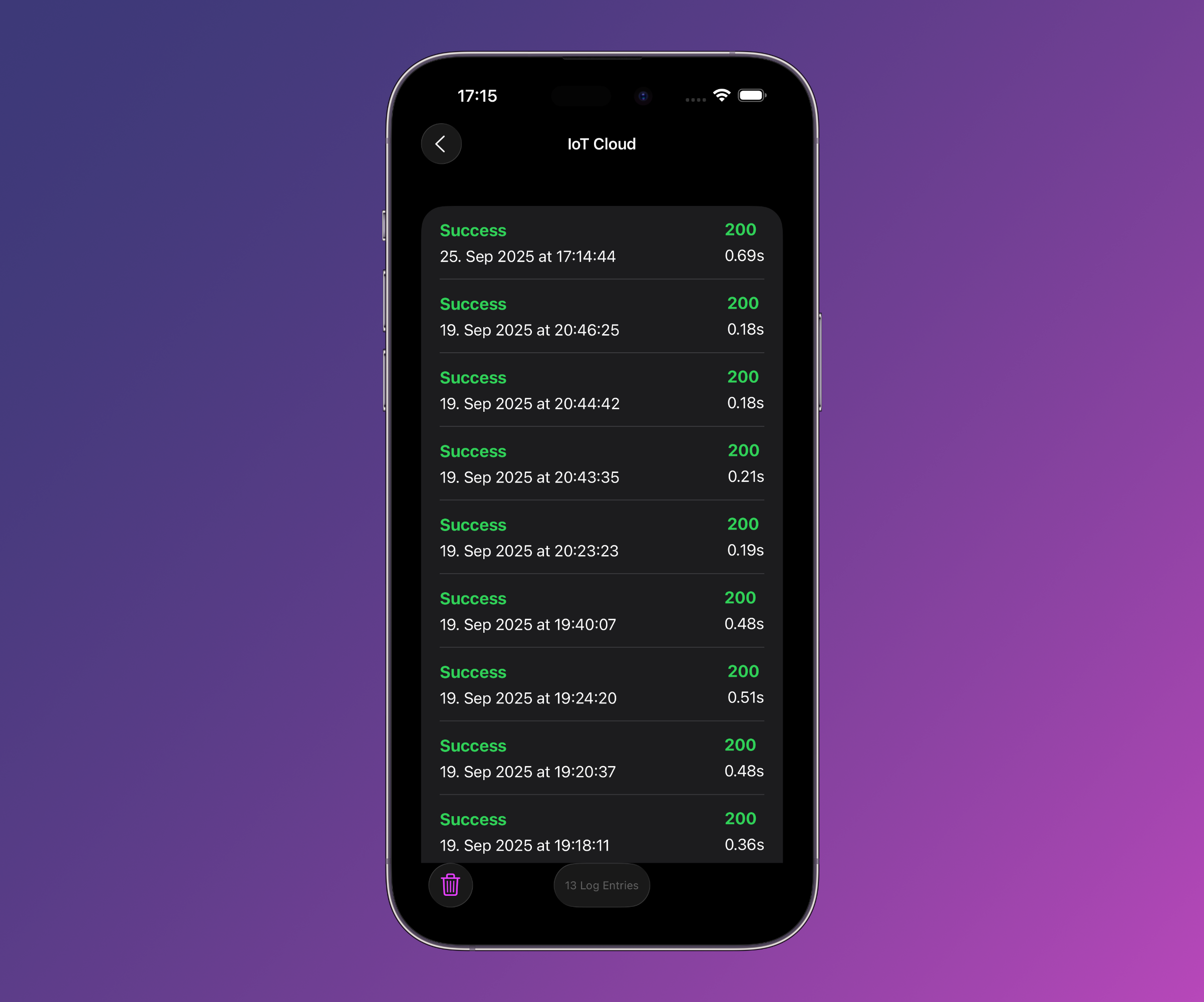 Web server status log list – each check is logged and stored on device showing: status, status code, date and response time, display on an iPhone 14