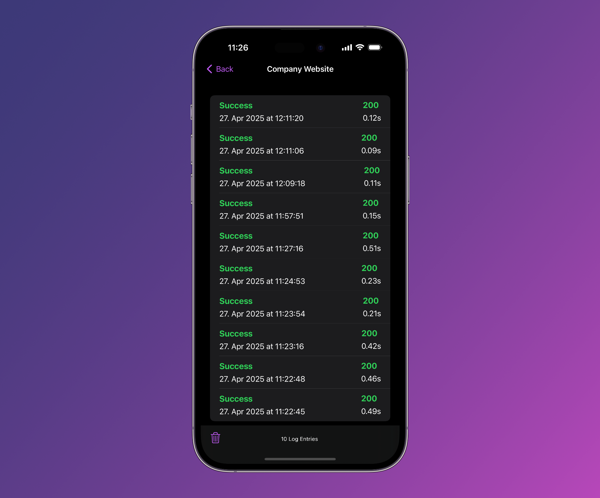Web server status log list – each check is logged and stored on device showing: status, status code, date and response time, display on an iPhone 14