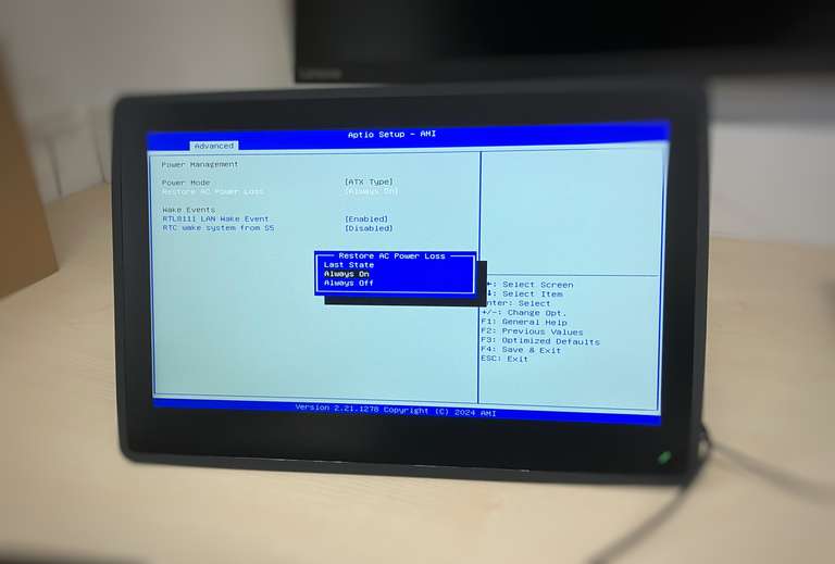 UEFI / BIOS Configuration: Restart PC on AC power loss 