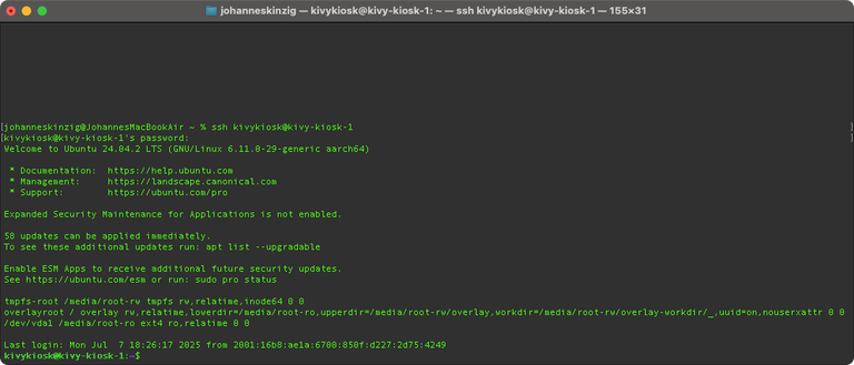 ssh-ing into an Ubuntu with overlayroot enabled: the welcome message informs you about OverlayFS being active.