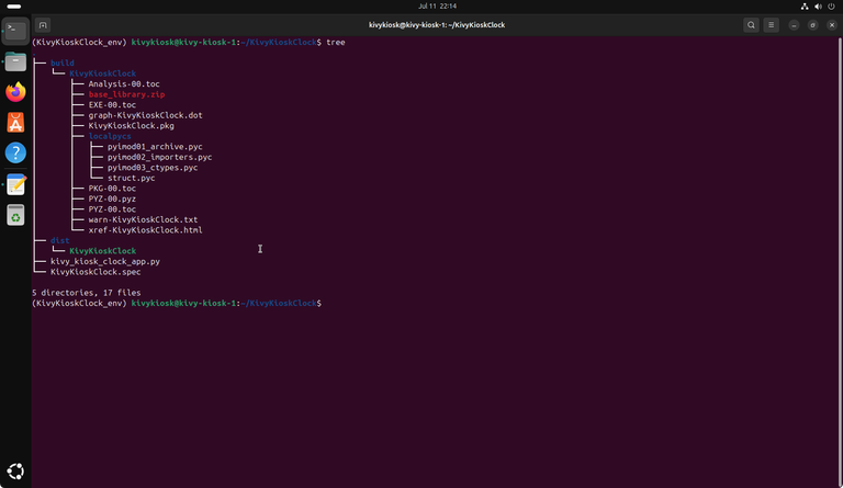 KivyKioskClock's project folder after pyinstaller finished, Terminal output generated using tree