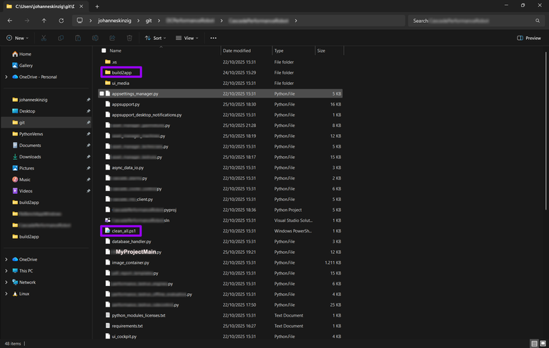 Windows Explorer showing my Python on Windows project structure