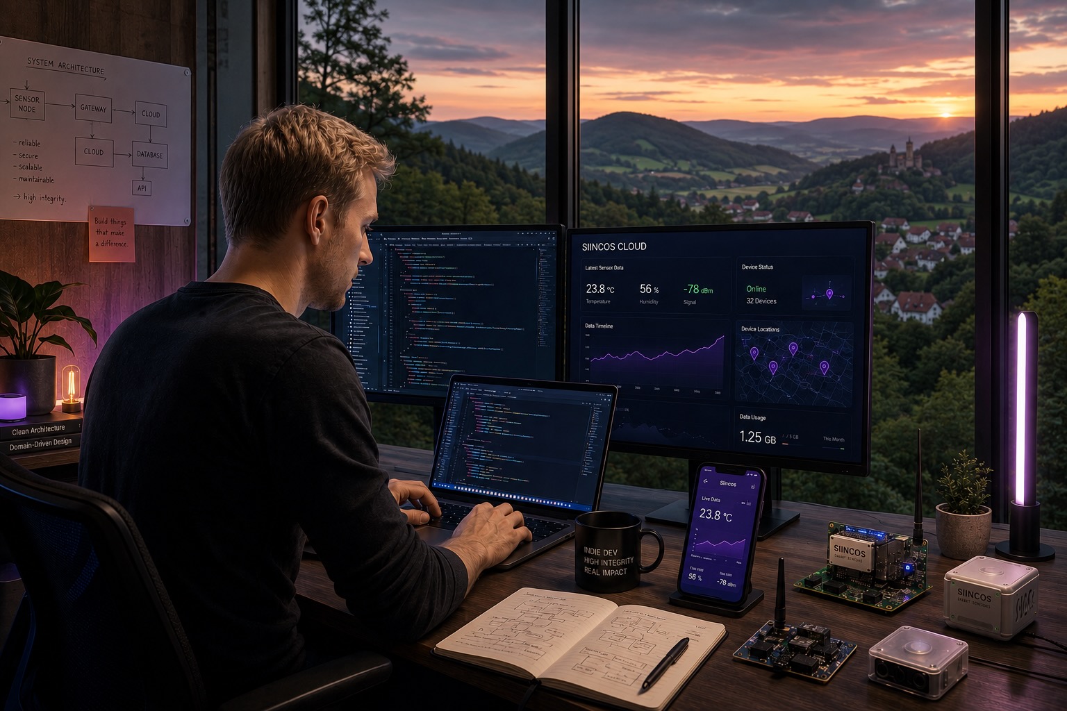 AI-generated illustration of a software engineer developing software and IoT solutions in a modern and cozy office.
