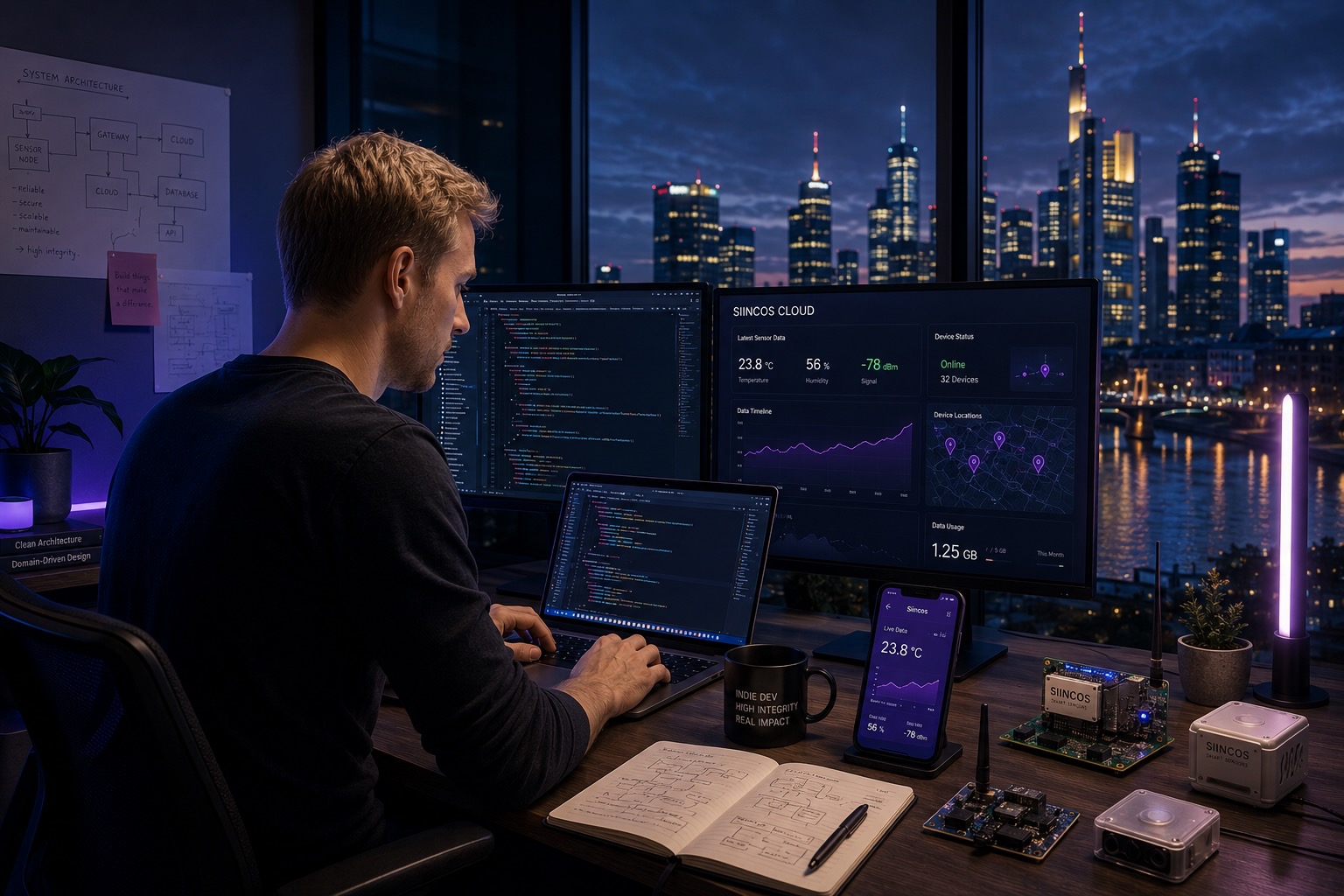AI-generated conceptual illustration of a software engineer developing software and IoT solutions at a modern office.